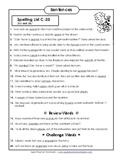 Spelling Test Sentences (C-20) Spelling C Worksheet