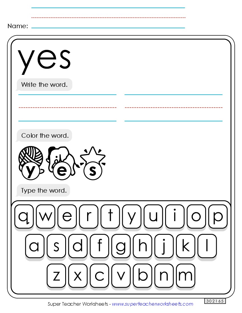 Write, Color, Type: Yes Sight Words Individual Worksheet