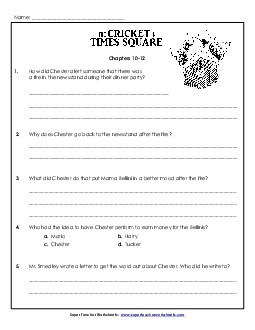 Comprehension Questions: Chapters 10 - 12 Book The Cricket In Times Square Worksheet