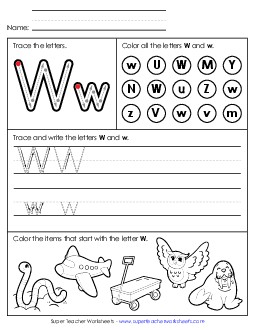 Tracing, Writing, and Recognizing Letter W Alphabet Worksheet