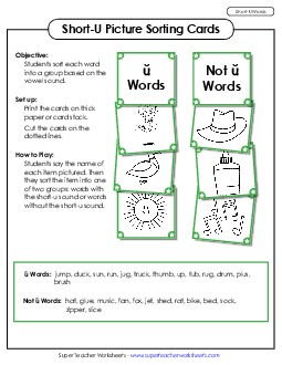 Picture Sorting Cards: (Short U Words) Phonics Long Short U Worksheet