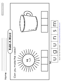 Build-a-Word: Sun & Mug Phonics Long Short U Worksheet