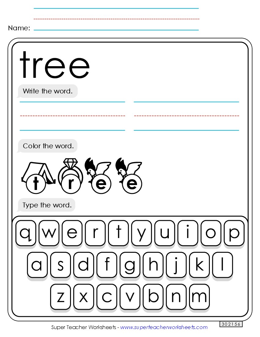 Write, Color, Type: Tree Sight Words Individual Worksheet