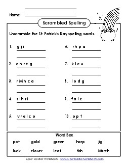 Word Unscramble (A-St. Patrick\'s Day)  Spelling A Worksheet