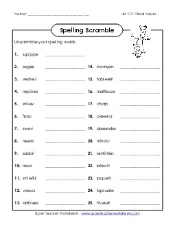 Word Scramble (E-7) Spelling E Worksheet