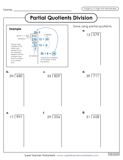 Partial Quotients  3-Digit by 2-Digit Division (with Remainders) Worksheet