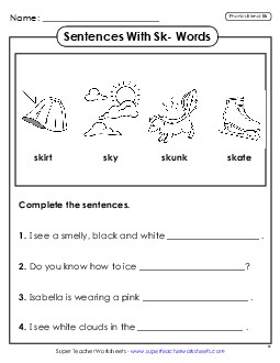 Sentences with SK Words Phonics Blends Worksheet