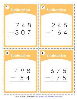 Subtraction Task Cards (3-Digit) Worksheet