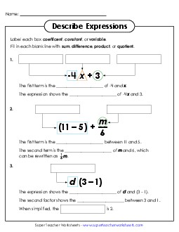 New Label & Identify Parts of Expressions Worksheet