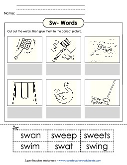 Cut-and-Glue (Sw- Words) Phonics Blends Worksheet