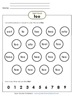 Dab or Color: Too Sight Words Individual Worksheet