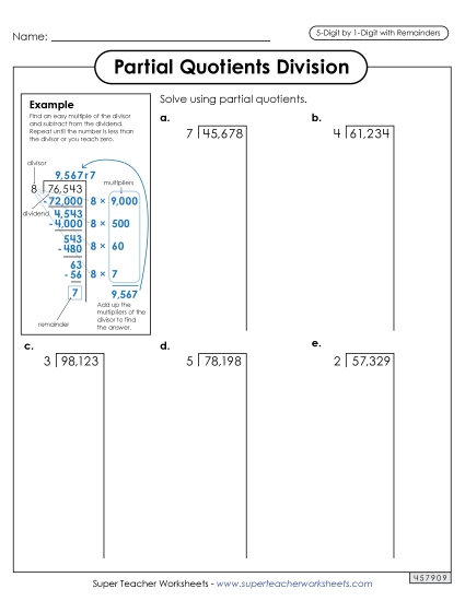 Partial Quotients  5-Digit by 1-Digit Division (with Remainders) Worksheet