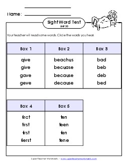 Whole Class Test (Unit 30) Sight Words Worksheet