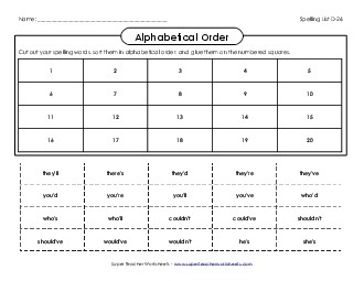 ABC Order: Cut and Glue (D-26) Spelling D Worksheet