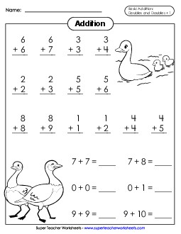 Doubles and Doubles + 1 Drill Worksheet Addition Worksheet