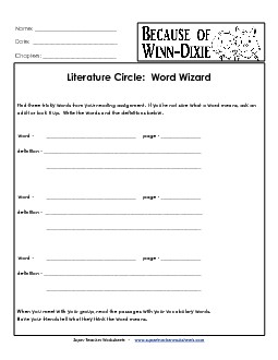 Lit. Circle: Word Wizard Book Because Of Winn Dixie Worksheet