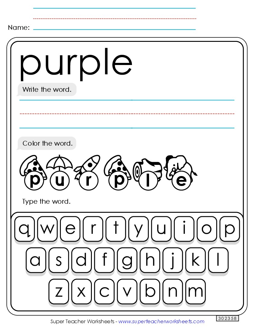 Write, Color, Type: Purple Sight Words Individual Worksheet