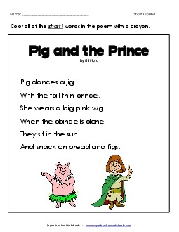 Phonics Poem (Short I): Pig and Prince Worksheet