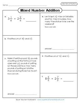 Variety Worksheet: Mixed Number Addition (Like Denominators) Fractions Worksheet