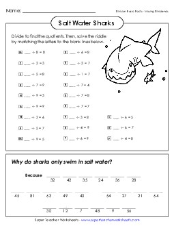 Salt Water Sharks (Basic Facts; Missing Dividends) Division Worksheet