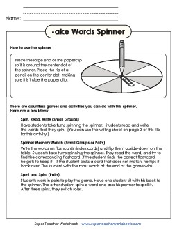 Word Spinner (-ake) Word Families Worksheet