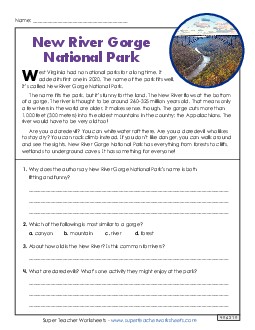 New River Gorge National Park   (Short, Nonfiction) Reading Comprehension Reading Comp Short Worksheet