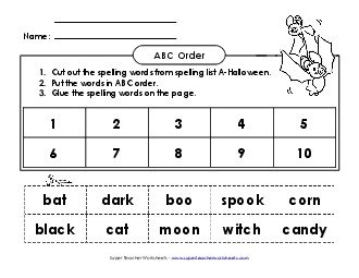 ABC Order: Cut and Glue (A-Halloween)  Spelling A Worksheet