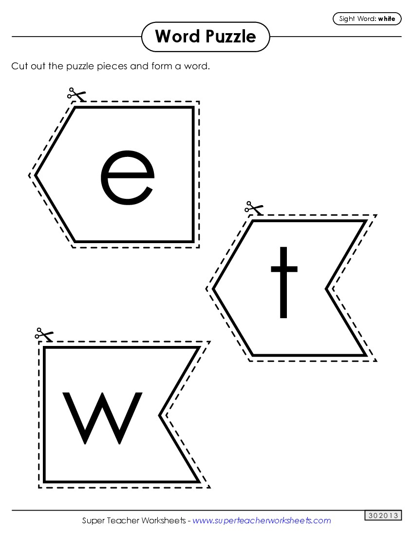 Word Puzzle: White Sight Words Individual Worksheet