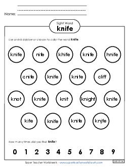 Dab or Color: Knife Sight Words Individual Worksheet