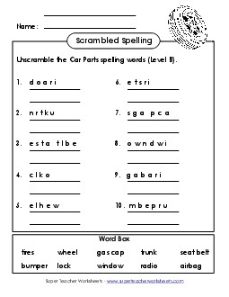 Scrambled Spelling Words (B-Car Parts)  Spelling B Worksheet