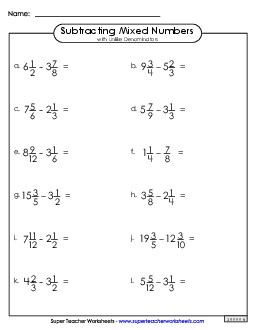 Subtracting Mixed Numbers with Unlike Denominators (Horizontal) Fractions Worksheet