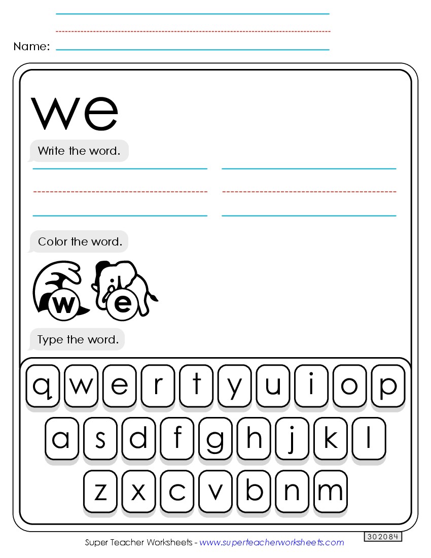 Write, Color, Type: We Sight Words Individual Worksheet