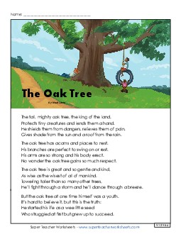 The Oak Tree (Poem) 4th Grade Reading Comprehension Worksheet