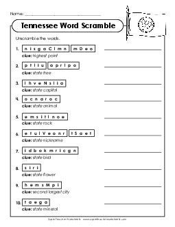 Word Scramble States Individual Worksheet