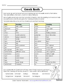 Greek Roots Reference Sheet Greek Latin Word Parts Worksheet