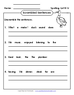 Scrambled Sentences (B-15) Free Spelling B Worksheet