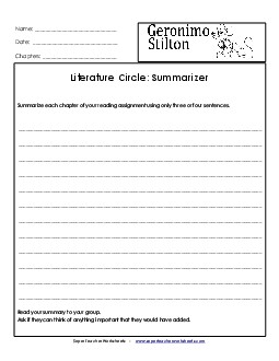 Literature Circles: Summarizer Book Geronimo Stilton Worksheet