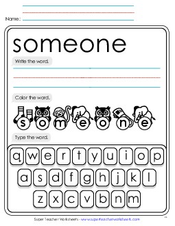 Write, Color, Type: Someone Sight Words Individual Worksheet