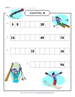 Skiing: Count by 4s Counting Worksheet