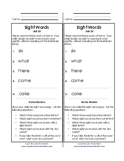 Take-Home List (Unit 20)  Sight Words Worksheet