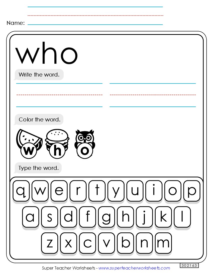 Write, Color, Type: Who Sight Words Individual Worksheet