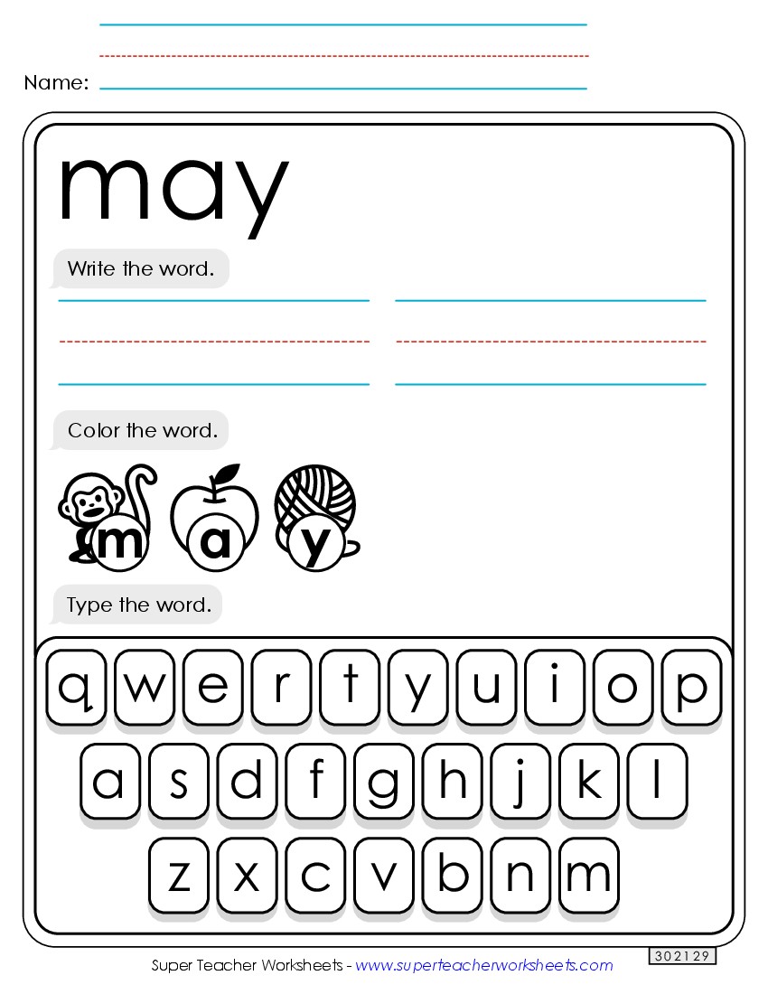 Write, Color, Type: May Sight Words Individual Worksheet