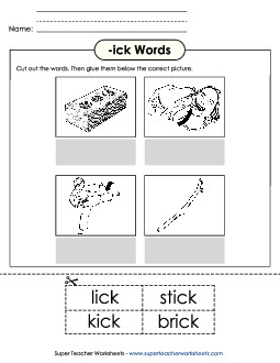 Cut and Glue (-ick) Word Families Worksheet