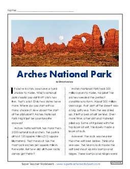 Arches National Park 3rd Grade Reading Comprehension Worksheet