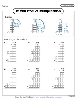 Partial Products Multiplication: 3-Digit by 2-Digit Worksheet