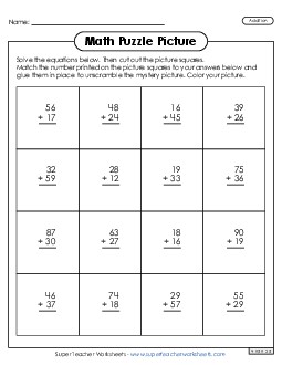 2-Digit Addition - Snowball Fight Picture Puzzle Winter Worksheet