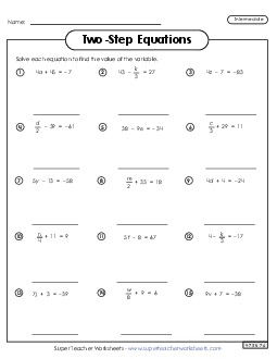 Two-Step Equations Worksheet 2 (Intermediate) Worksheet