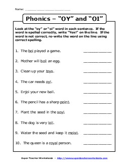 Spelled OI or OY Phonics Worksheet