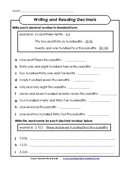 Decimal Word Names (Thousandths) Place Value Worksheet