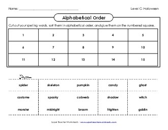 ABC Order: Cut and Glue (C-Halloween)  Spelling C Worksheet